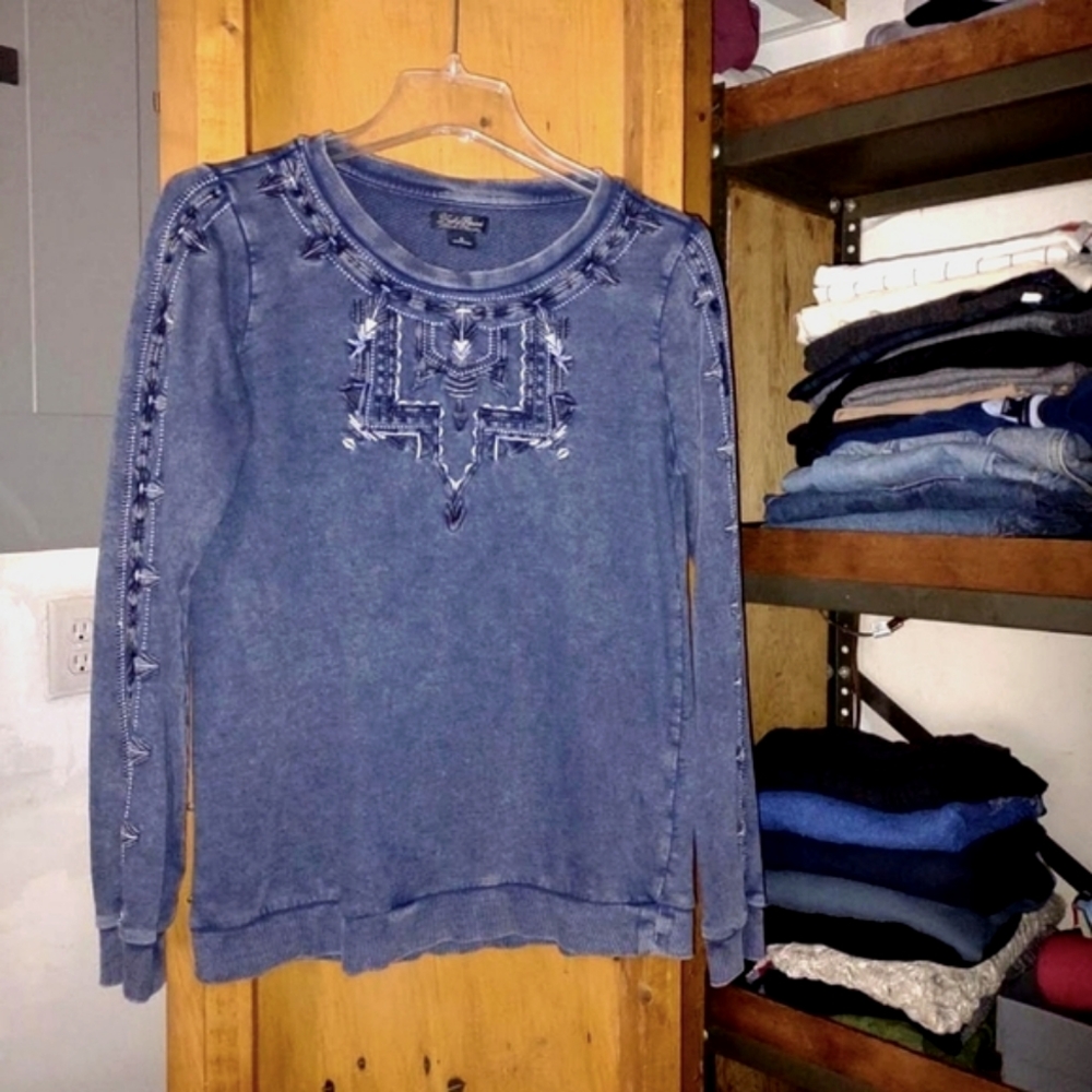 Soft Acid Washed island native indigo embroidered lightweight sweatshirt